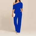 Detailed view of royal blue one shoulder wide leg jumpsuit with elegant waist cut - S / Blue