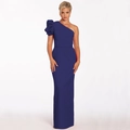 Detailed view of dark blue one-shoulder evening gown with ruffled lantern sleeve and slim fit - Dark Blue