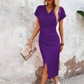 Detail view of purple V-neck wrap dress featuring waist ruching and side slit design - Purple