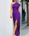 Detail of elegant one-shoulder purple evening gown with high side slit and satin finish - Purple
