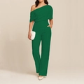 Elegant dark green one-shoulder wide-leg jumpsuit with belted waist and side pockets - S / Dark Green