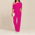 Detail view of fuchsia one-shoulder jumpsuit with pleated bodice and wide-leg trousers - S / Rose Red