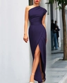 Detailed view of the one-shoulder deep purple maxi dress with a high side slit and pleats - Dark Blue