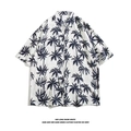 Detail of tropical black coconut tree print on white short sleeve Hawaiian shirt - M / White