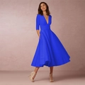 Robe de soirée élégante bleu roi à col en V, manches mi-longues et poches pratiques - Bleu