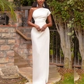 Elegant white one-shoulder maxi dress with high waist slit and draped details - White