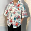 Men's retro Hawaiian short sleeve shirt with white floral print and chest pocket - M / Red