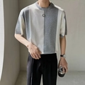 T-shirt da uomo in maglia di seta ghiaccio con design a blocchi di colore grigio e beige - M / Grigio chiaro