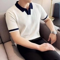 Slim fit men's white knit polo shirt with navy contrast collar and textured wave pattern - White
