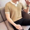 Slim-fit khaki knit polo shirt with contrast white collar and wavy texture for men - Khaki