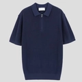 Navy blue men's knit polo shirt with metallic half-zip and ribbed texture design - M / Blue