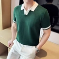 Slim fit men's knit polo shirt in dark green with contrasting white collar and striped cuffs - Green