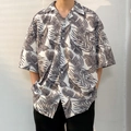 Oversize Hawaiian short sleeve shirt with tropical leaf pattern and relaxed drop shoulder - M / White