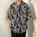 Men's oversized Hawaiian shirt with black and white tropical palm leaf prints - M / Black