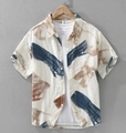 Artistic oil painting print button-up shirt in beige with blue abstract brushstrokes - M / Off-white Abstract Print