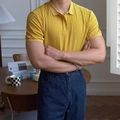 Polo homme jaune vif à manches courtes et coupe ajustée en maille côtelée texturée - M / Jaune