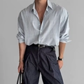 Camicia da lavoro retrò americana da uomo, a righe azzurre, vestibilità comoda in lino - Taglia M / Blu