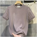 T-shirt in maglia da uomo a girocollo color viola polvere con trama a coste verticali - M / Albicocca