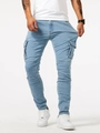 Gros plan détaillé du tissu en denim bleu clair élastique et des poches latérales - S / Bas / Bleu clair