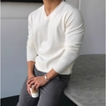Herren Slim Fit V-Ausschnitt Strickpullover in Weiß mit gerippten Bündchen für Freizeit - 3XL / Weiß