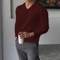 V-Ausschnitt Strickpullover für Herren in Weinrot, schmale Passform für Business-Casual - 3XL / Burgunderrot