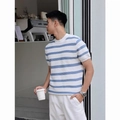 Herren Strick-T-Shirt aus Eisseide mit klassischen blau-weißen Querstreifen Muster - M / Blau