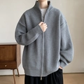 Graue Strickjacke für Herren mit Stehkragen, Reißverschluss und gerippter Textur in weiter Form - 3XL / Grau