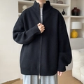 Schwarze Herren-Strickjacke in Übergröße mit vertikalen Streifen und Reißverschluss - 3XL / Schwarz