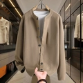 Men's khaki knit cardigan with round neck and premium button closure for business casual wear - M / Khaki