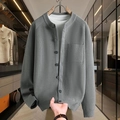 Men's autumn knitted grey cardigan with crew neck and pocket on wooden hanger - M / Gray