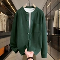 Men's dark green knit cardigan with crew neck and pocket on premium hanger - M / Green