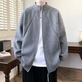 Cardigan da uomo in maglia grigio chiaro con trama a coste e colletto alla coreana - M / Grigio