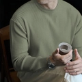Men's sage green striped long sleeve knit sweater with ribbed crew neck and cuffs - M / Green