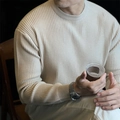 Men's vertical ribbed knit crewneck sweater in cream beige with long sleeves - M / Apricot