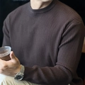 Men's retro loose vertical striped knit sweater in deep brown with long sleeves - M / Coffee