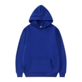 Detailed view of royal blue hoodie with kangaroo pocket and ribbed cuffs in size L - Blue
