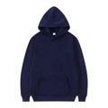 Detail of navy blue hoodie featuring a kangaroo pocket and ribbed cuffs on white background - Navy Blue