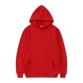 Detailed view of red hoodie showing kangaroo pocket, ribbed cuffs, and size L neck label - Red