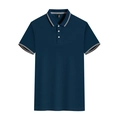 Detail of navy blue polo shirt featuring striped rib collar and three-button placket detail - Dark Cyan