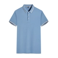 Sky blue short sleeve polo shirt with striped collar and cuffs in flat lay display - Light Blue