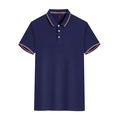 Detail of navy blue polo shirt featuring red and white striped ribbed collar and cuffs - Navy Blue