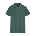 Close-up of dark green polo shirt featuring striped collar and three-button placket detail - Green