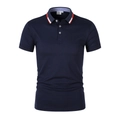Men's slim fit navy blue short sleeve Polo shirt with red and white striped collar detail - Navy Blue