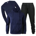Detaillierte Set-Ansicht von dunkelblauen Hoodies und schwarzen Jogginghosen aus Fleece - Marineblau mit schwarzer Hose