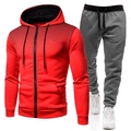 Men's sport set featuring a red hooded zip jacket and grey joggers with dot print - Red + Dark Gray Pants
