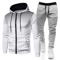 White hooded zip-up tracksuit with grey joggers and black dot gradient print design - White + Light Gray Pants