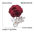 Elegant deep red satin flower brooch with white pearls and rhinestones for wedding dresses - Red