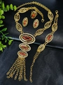 Detail of 24k gold plated jewelry set with red zircon stones and elegant long tassels - Oval Red Zircon Tassel Style (YZNBER-91)