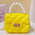 Bright yellow quilted jelly crossbody bag with pearl handle and golden chain strap - Yellow