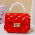 Mini red quilted jelly bag with white faux pearl handle and golden metal chain strap - Red